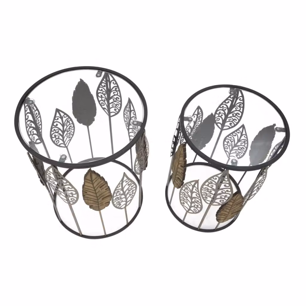 Coppia di tavolini Vikasa Home Foglie in metallo e vetro trasparente con design floreale, L/P/H: 38 x 38 x 55 cm e 33 x 33 x 50 cm – 2