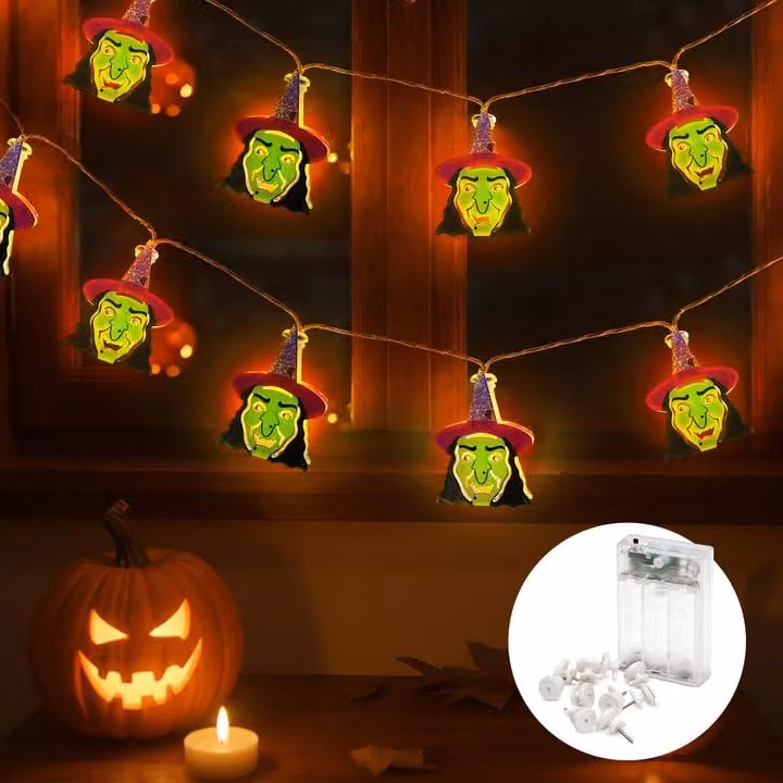 Catena luminosa a tema Halloween, 5 metri, 20 LED a luce calda a forma di streghe, con timer