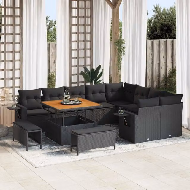Set Divano da Giardino 12 Pezzi vidaXL Nero con Cuscini e Tavolino in Polyrattan e Acciaio