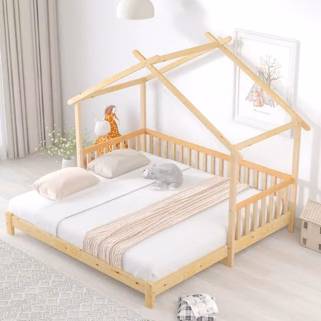Letto casetta estraibile 90×200 cm e 180×200 cm con barriera su tre lati, senza materasso, in pino naturale