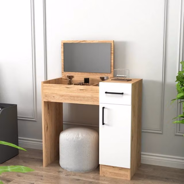 Mobile da Trucco Rodano DMORA con Specchio, Colore Marrone Rovere e Bianco, L 77 cm x P 37 cm x H 109 cm