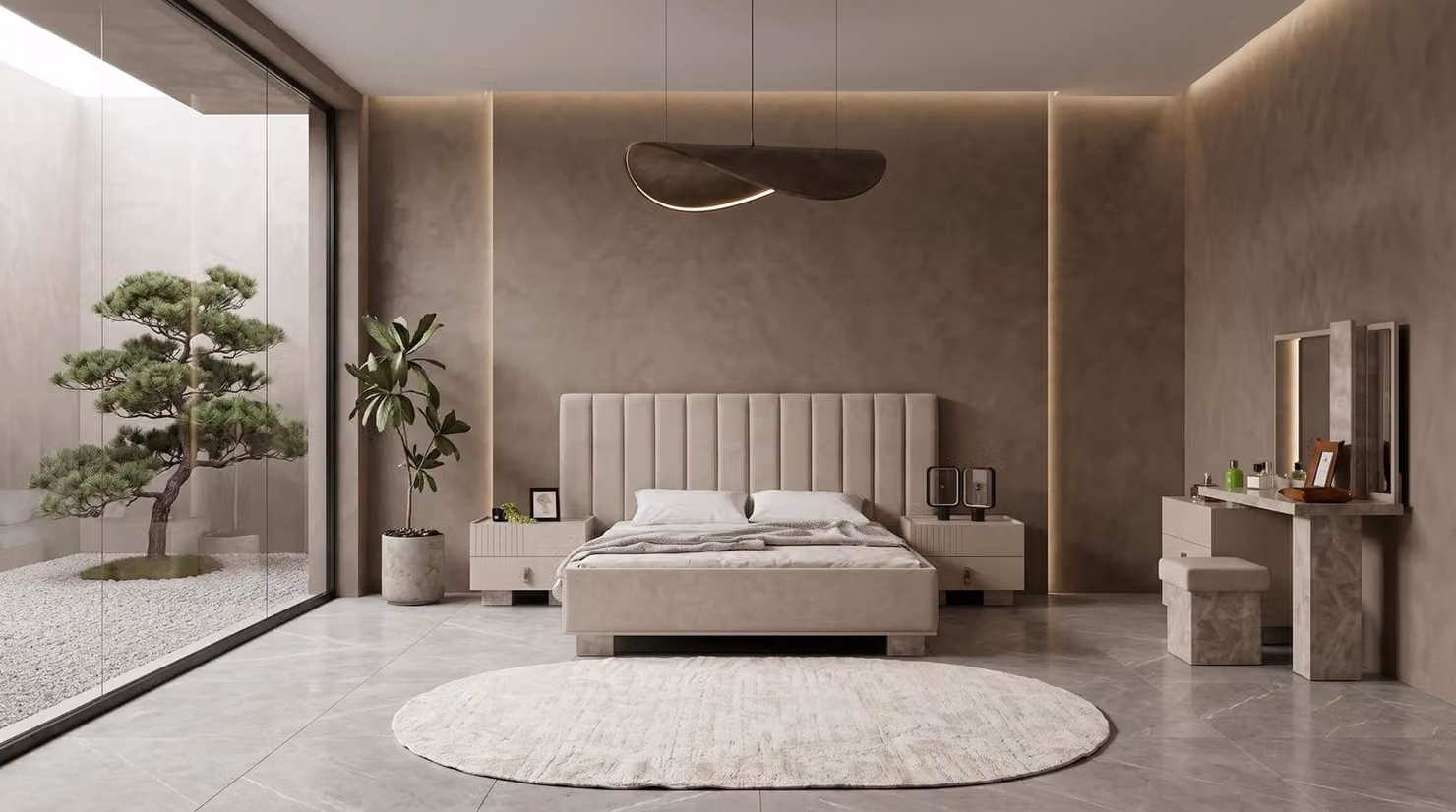 Set moderno per camera da letto in beige: letto, tavolino da trucco, comodini, design di alta qualità