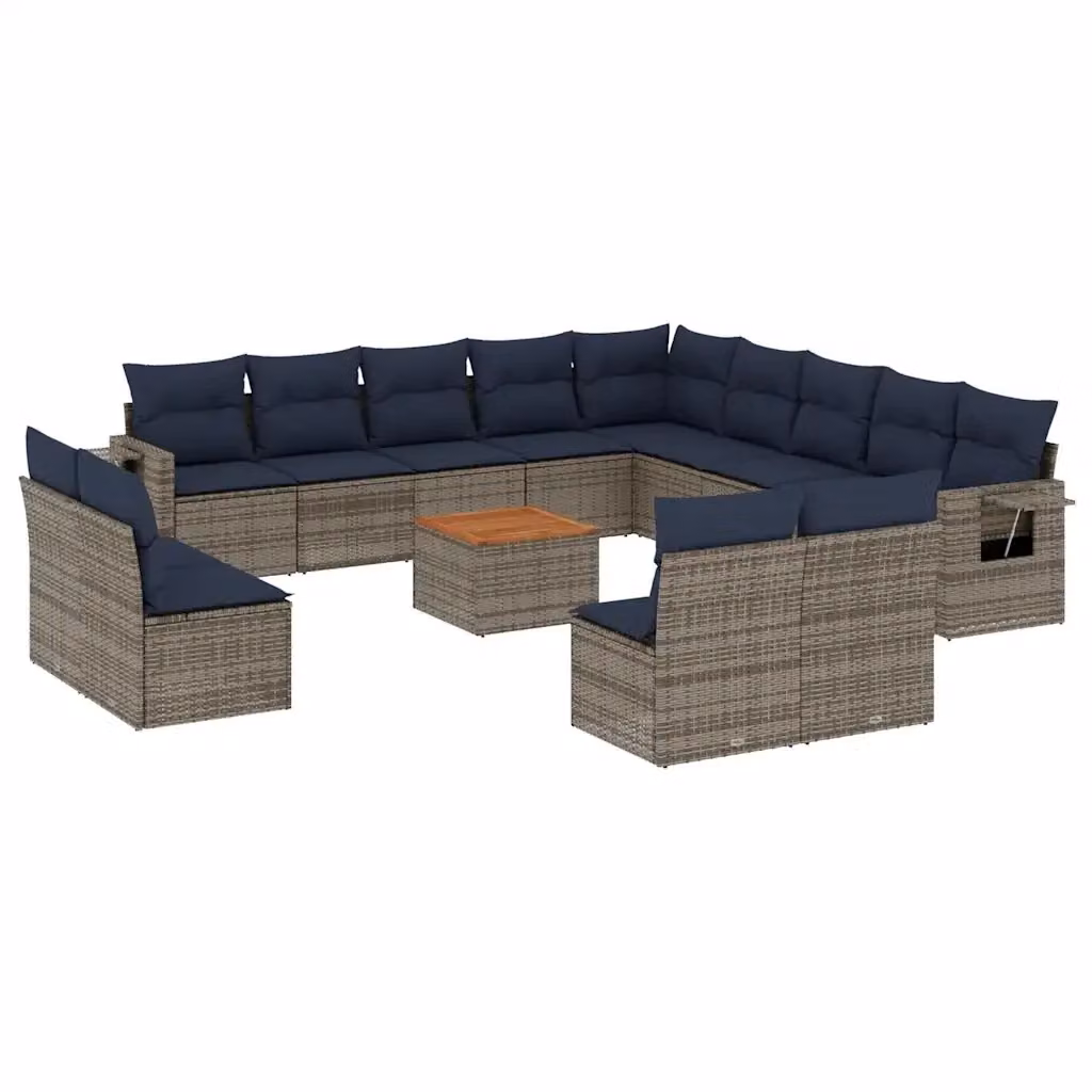 Set di Divani da Giardino vidaXL in Polyrattan Grigio e Blu con Cuscini e Tavolino da Esterno a Forma di U – 2