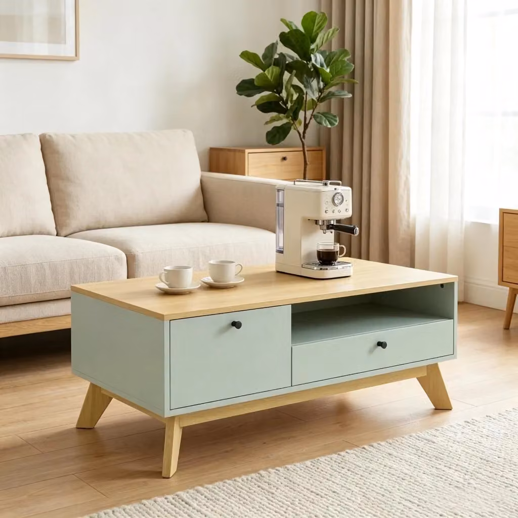 Tavolino basso Mivray con cassetto e vano aperto in MDF verde chiaro e rovere L: 100 cm, P: 50 cm, H: 40 cm – 2