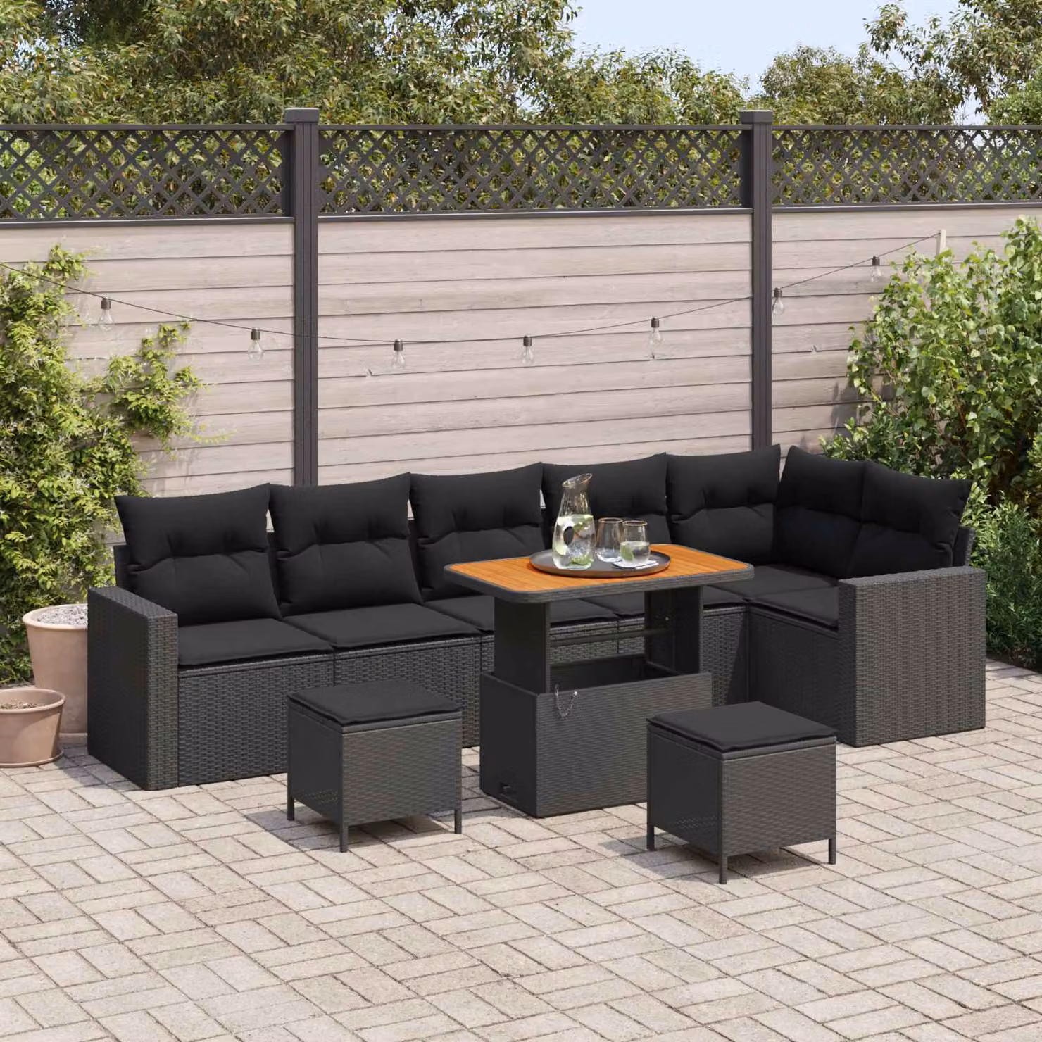 Set Divano da Giardino Moderno vidaXL in Polyrattan Nero con Cuscini e Tavolino da 9 Pezzi – 1