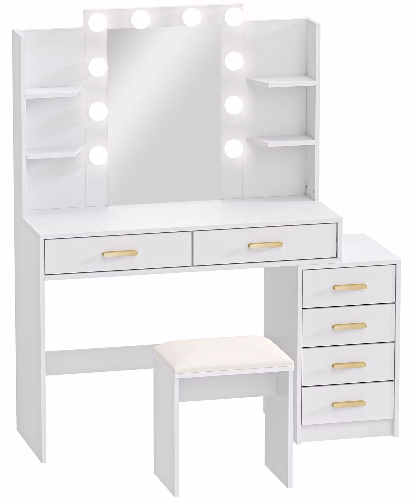 Comò da trucco con specchio illuminato e sgabello | Colore: Bianco | Dimensioni: 120x40x140 cm