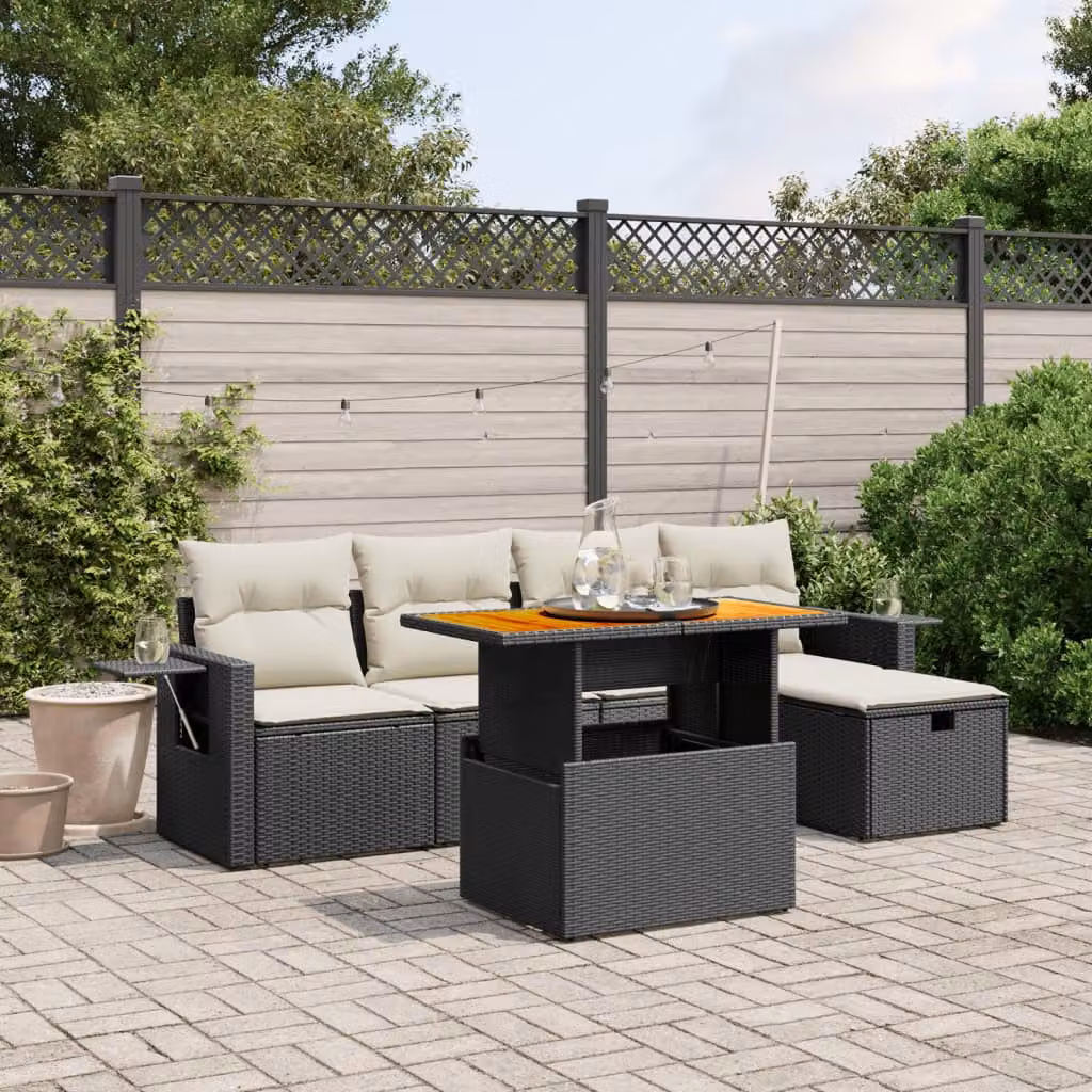 vidaXL Set Divano da Giardino 6 pz in Polyrattan con Cuscini e Tavolino da Esterno Nero e Bianco – 1