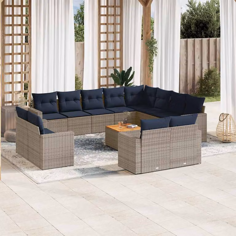 vidaXL Set Divani da Giardino 13 pz in Polyrattan con Cuscini Grigio e Blu per Terrazza e Giardino