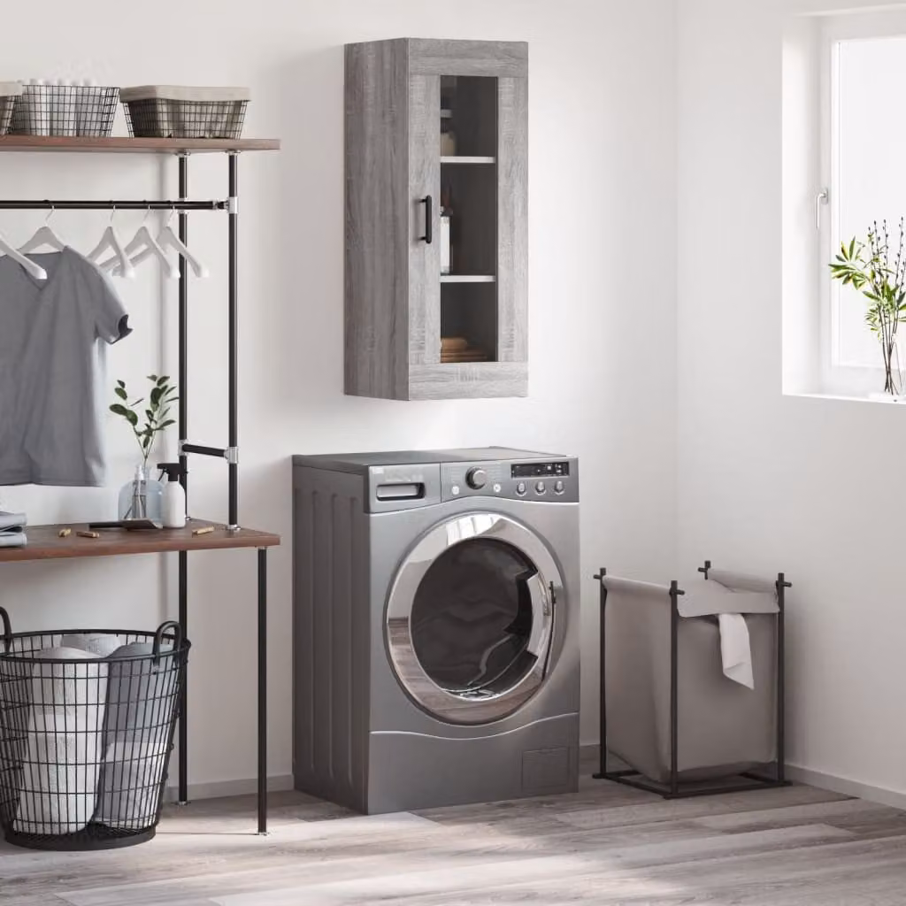 Mobile a parete vidaXL moderno in legno e vetro con ante in vetro, Grigio, L: 34,5 cm, P: 34 cm, H: 90 cm