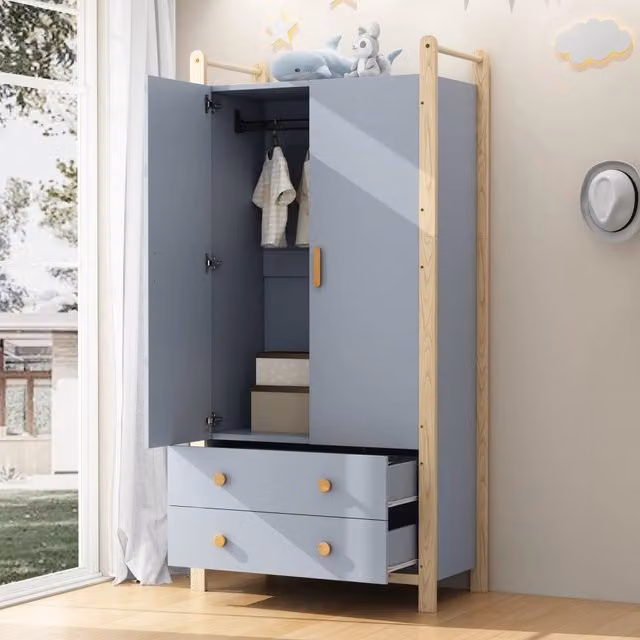 Armadio con 2 ante, 2 cassetti e appendiabiti, con libreria a 3 ripiani, in legno e MDF, per camera e ingresso