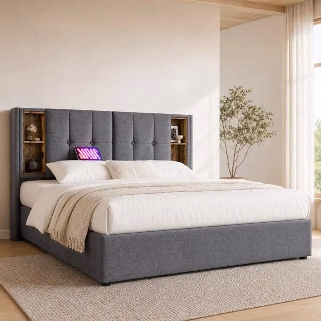 Letto contenitore Mivray con ricarica USB e testiera imbottita in cotone grigio, L/P: 160 x 200 cm – 1