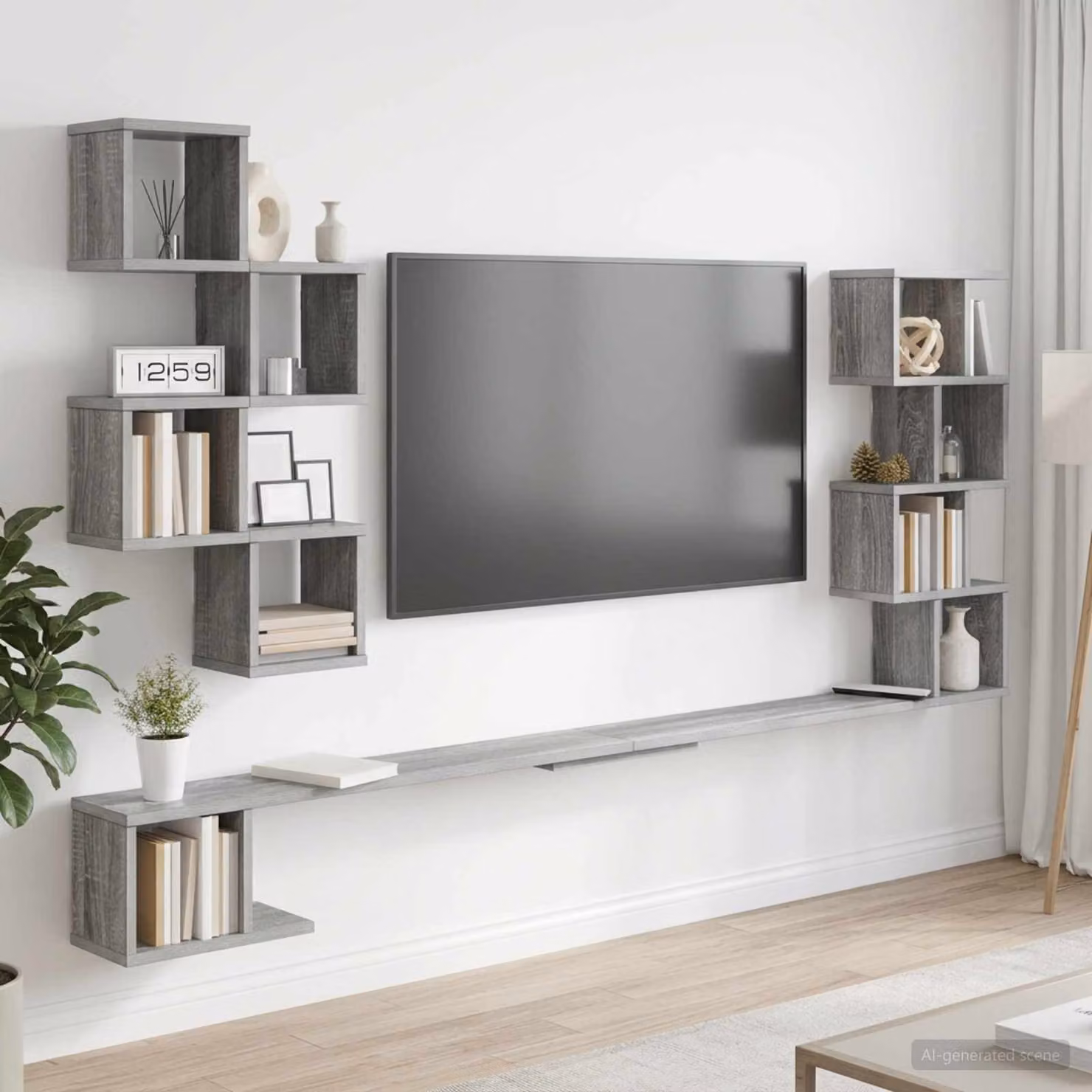vidaXL Mensola per TV da muro moderna in MDF grigio L: 160 cm, P: 15 cm, H: 94 cm