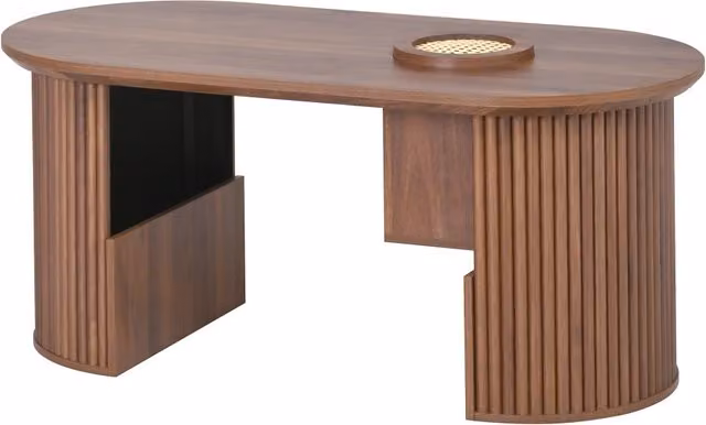 Tavolino da salotto ovale in MDF colore noce con struttura verticale, 105x50x46,5 cm