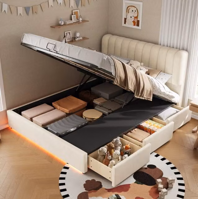 Letto contenitore per bambini in velluto beige con base a sollevamento e illuminazione LED L: 140 cm, P: 200 cm, H: 65 cm