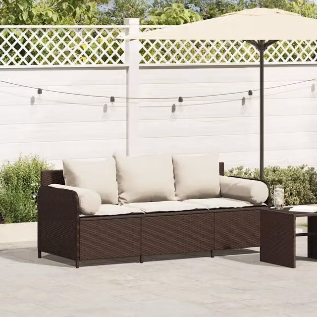Divano da Giardino a 3 Posti con Cuscini-Sofa da Giardino-Divano da esterno in Polyrattan Marrone 922196