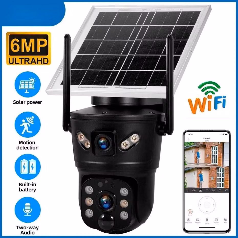 Telecamera di sorveglianza per esterni - Modello D05 Solar-Wi-Fi - Sensore da 6 MP con doppio obiettivo - Connessione 4G tramite SIM - Funzioni di rotazione, inclinazione e zoom - Rilevamento del movimento - Impermeabile - Pannello solare