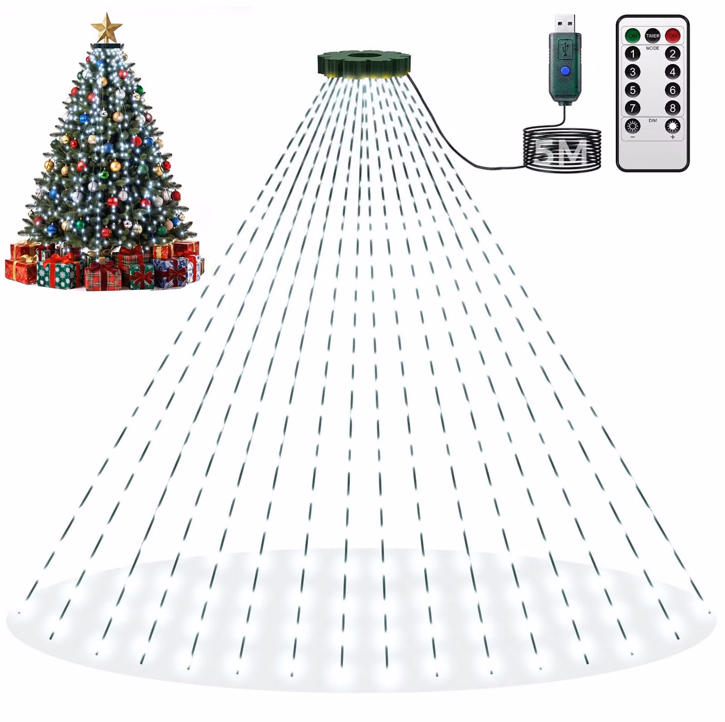 Catena luminosa con 400 LED, lunghezza 2 metri, 16 fili, luce bianca fredda, dimmerabile, grado di protezione IP65, con telecomando