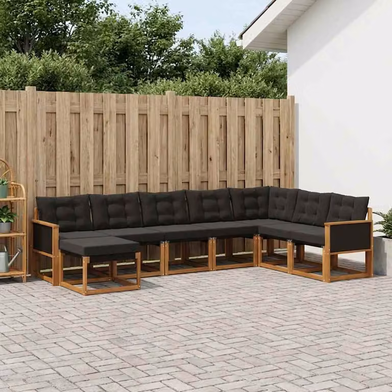 vidaXL Set di divani da esterno 8 pz a forma di L in legno di acacia con cuscini, colore marrone e nero
