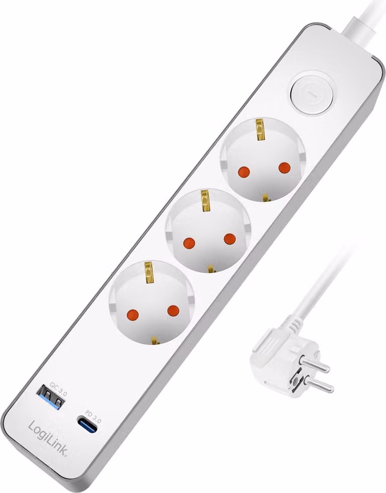 Multipresa a 3 vie + USB-A/USB-C PD 20W, 1,4 m, bianca