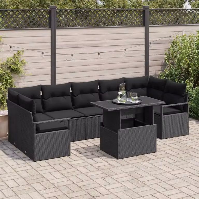 Set Divano da Giardino vidaXL a 8 posti in Polyrattan Nero con Cuscini e Tavolino da Esterno