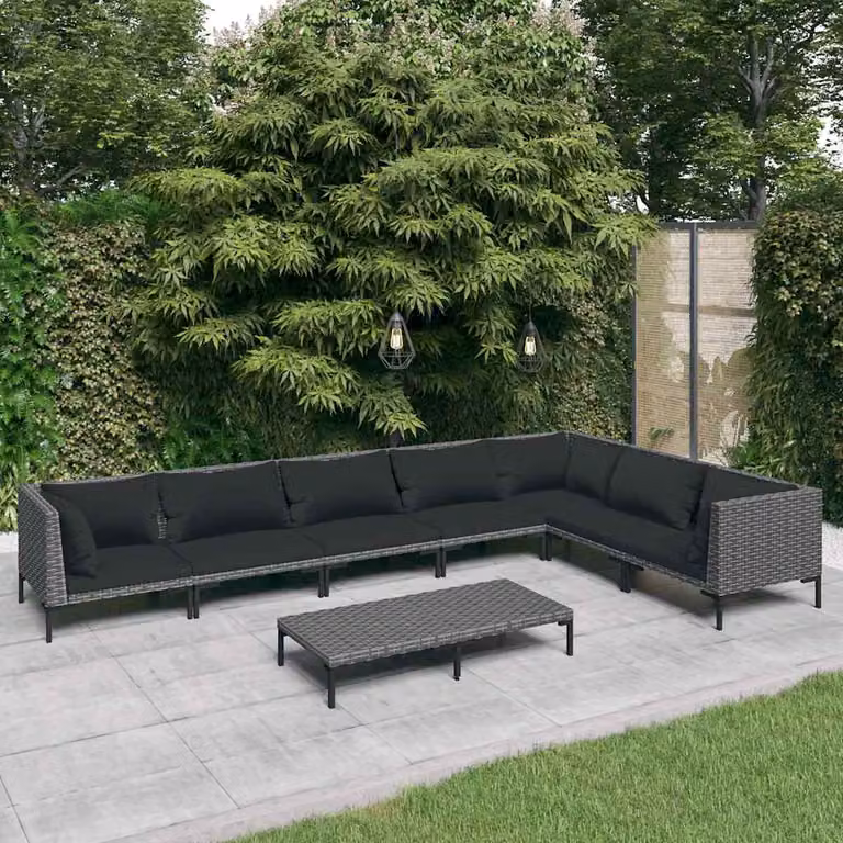 Set da giardino vidaXL composto da 8 pezzi con divano ad angolo a L, tavolino e cuscini in polyrattan grigio antracite e struttura in acciaio verniciato a polvere
