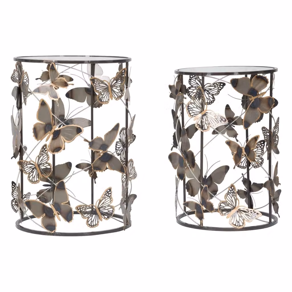 Set da 2 tavolini da salotto Dhulik con decorazione a farfalle, design moderno in vetro e metallo, colori grigio, oro e trasparente, L/P/H: 41 x 41 x 55 cm – 2