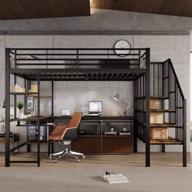 Letto soppalco in metallo 120x200 cm con scrivania; presa USB; scala laterale e zona studio integrata