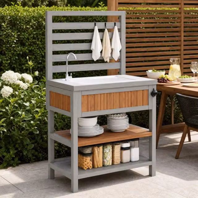 Mobile da esterno multifunzione con lavabo e rubinetto integrati; 80 x 51 x 148;5 cm in legno naturale