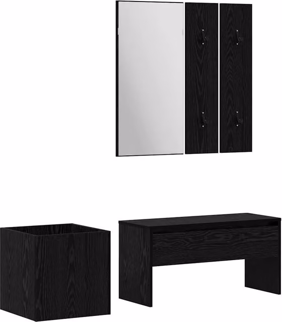 Set mobili da ingresso minimalista DESIGN IN composto da 5 pezzi in legno multistrato nero opaco con specchio, panca e pannello
