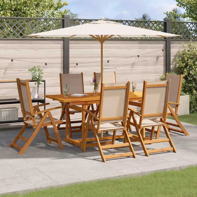 Set Pranzo da Giardino vidaXL in 7 Pezzi in Legno di Acacia e Textilene, Colore Marrone e Beige, Tavolo Rettangolare e Sedie Moderno