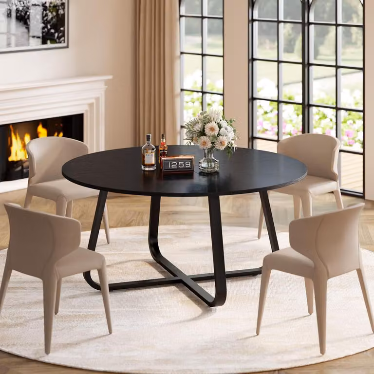 Tavolo da pranzo rotondo, dimensioni 130x130x75 cm, colore nero, struttura in legno e metallo, adatto per 4-6 persone