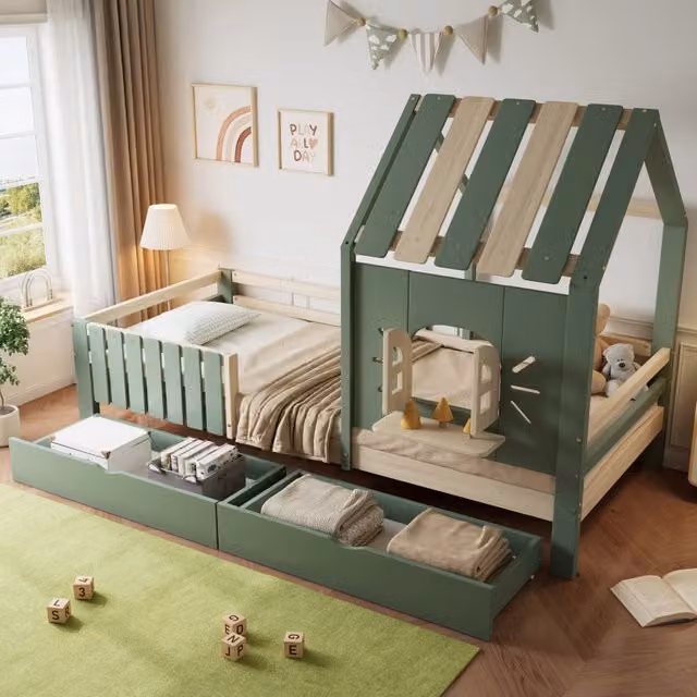 Letto a casetta REDOM per bambini in legno e MDF con 2 cassetti, colore verde e beige, L/P/H: 90 x 200 x 152 cm