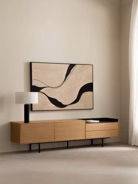 Mobile TV Joelle Kenay Home in legno impiallacciato rovere, moderno, con vani porta media, L: 222 cm, P: 54 cm, H: 220 cm