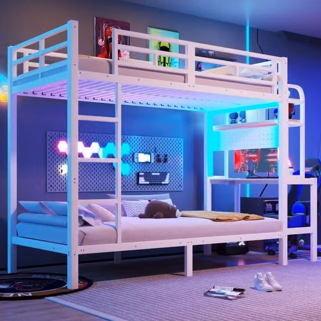 Letto a castello 90x200 cm con scrivania; LED e scala in metallo bianco