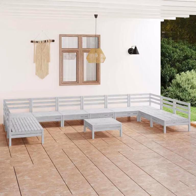 Set Salotto da Giardino vidaXL 11 pz in Legno di Pino Bianco con Cuscini e Design a L