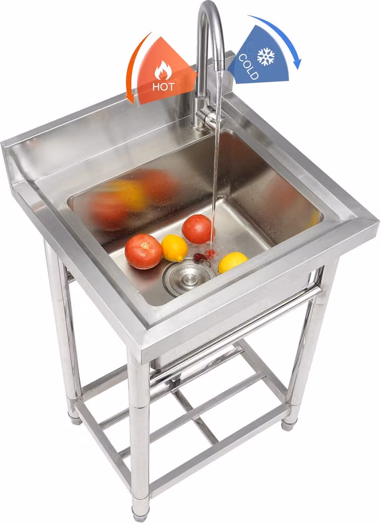 Lavabo in acciaio inox, lavabo indipendente, incluso rubinetto e gambe, 41 x 33 x 22 cm Lavabo singolo commerciale per garage, ristorante, cucina, lavelli commerciali