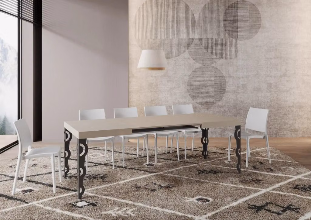 Tavolo allungabile Karayan moderno con gambe in metallo antracite e piano beige cashmere L: 90-400 cm, P: 140 cm – 2