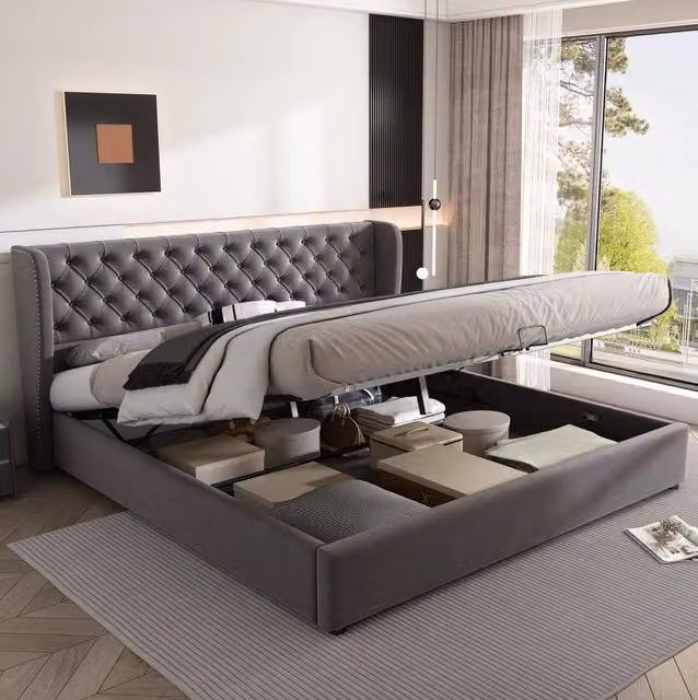 Letto imbottito con contenitore idraulico 180x200 cm e rete a doghe; velluto grigio