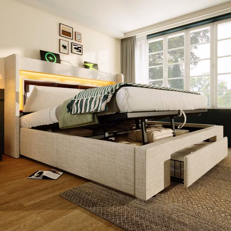 okwish Letto imbottito 180x200 Letto per ragazzi Letto matrimoniale con illuminazione a LED, letto per bambini con prese elettriche e contenitore, letto contenitore con doghe in legno di lino, beige (senza materasso)