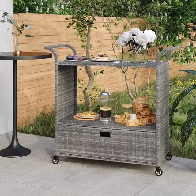 Carrello da bar moderno vidaXL in rattan e metallo grigio con cassetto e ruote L/P/H: 100 x 45 x 97 cm – 1