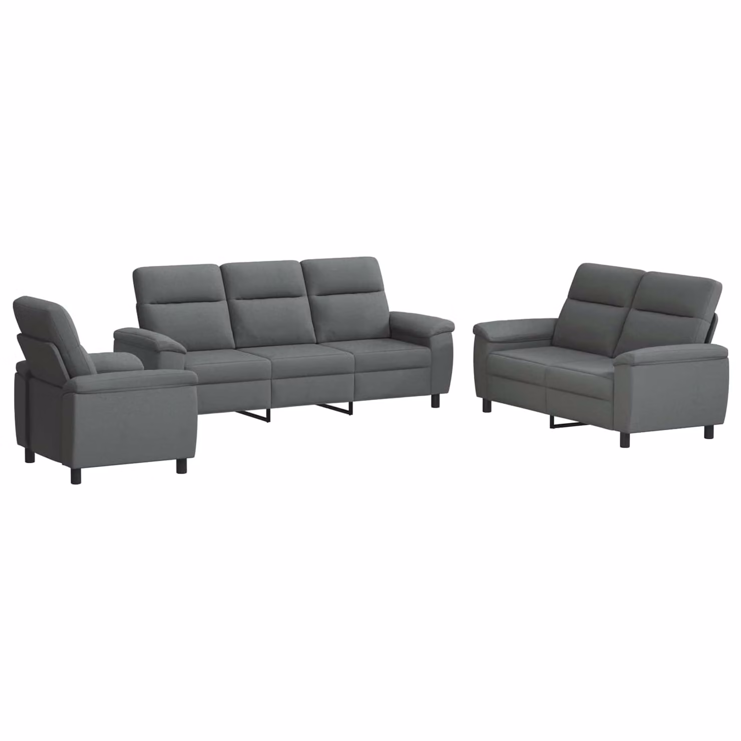 Set di divani moderno vidaXL in tessuto grigio scuro con struttura in metallo, composto da 3 pezzi per il tuo soggiorno