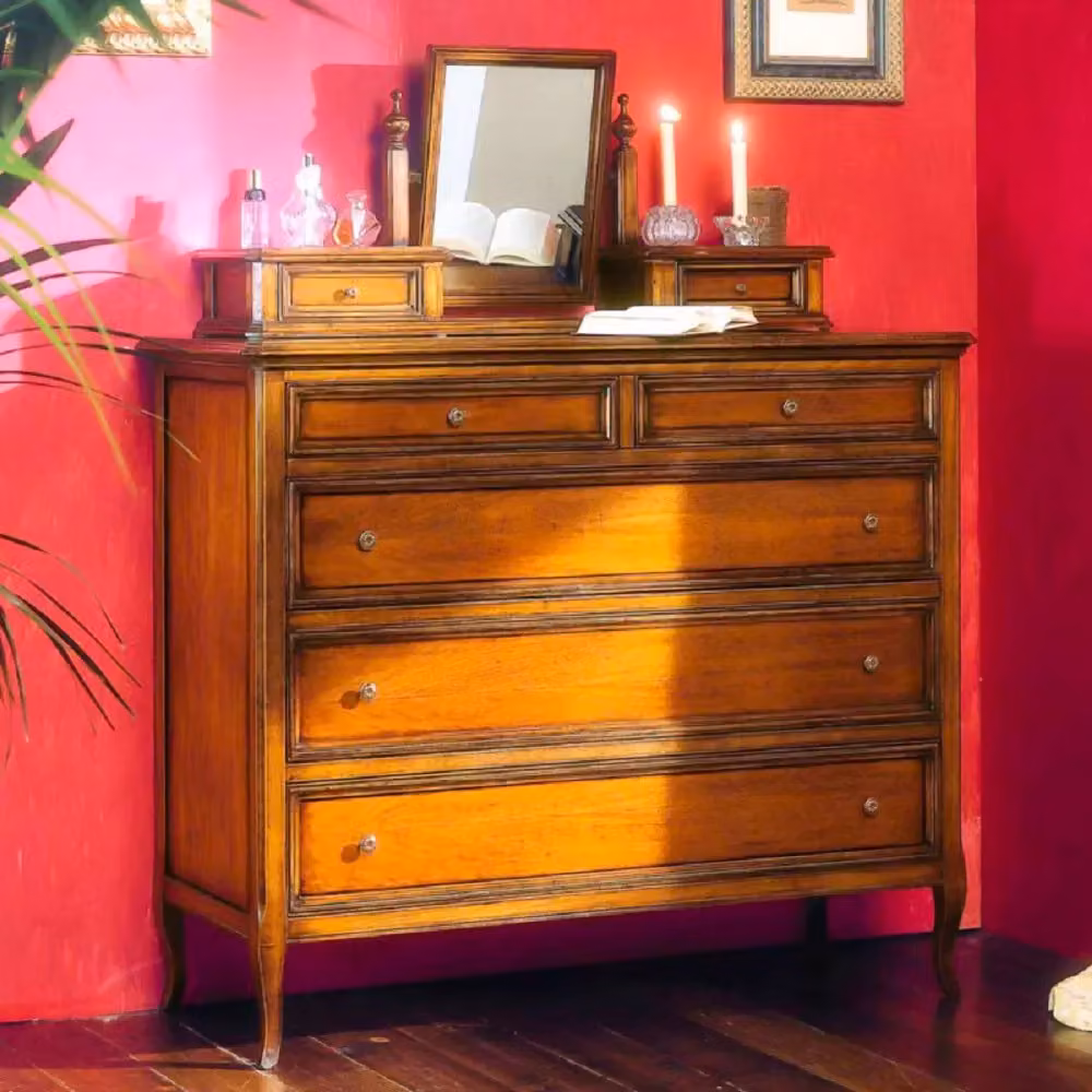 Cassettiera classica con 5 cassetti e alzatina in legno grezzo Mobili 2G L: 120 cm, P: 48 cm, H: 144 cm – 2