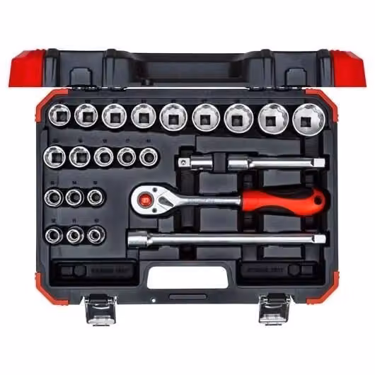 Set di chiavi a bussola Gedore 1/2" con cricchetto reversibile a 72 denti, 24 pezzi in acciaio cromo-vanadio con valigetta, colore Rosso e Nero – 2