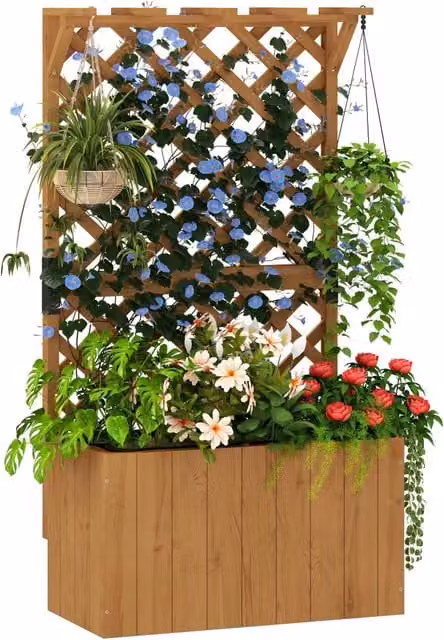 Fioriera rialzata XYLO in legno massello marrone con grigliato e fori di drenaggio L: 64 cm, P: 33 cm, H: 122 cm