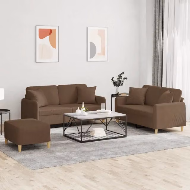 Set di divani 3 pezzi vidaXL in tessuto marrone con cuscini per soggiorno in stile moderno – 1
