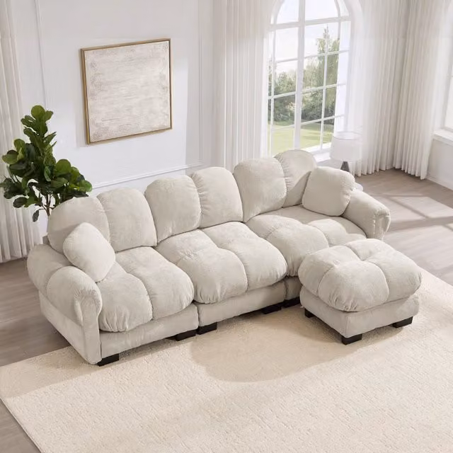 Divano angolare MIVRAY beige con pouf e cuscini, design moderno reversibile per il tuo soggiorno, L 260 x P 90 x H 78,6 cm