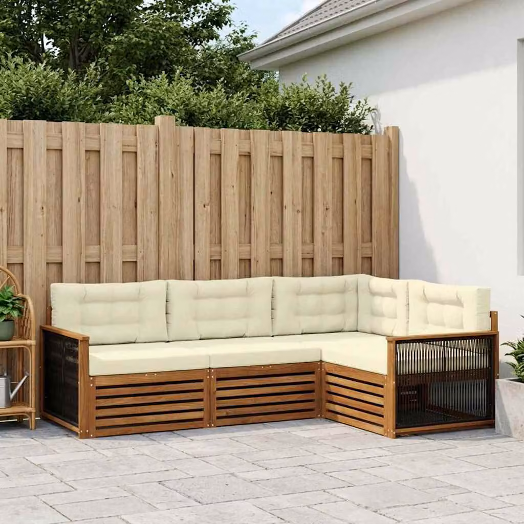 Set di divani da esterno vidaXL 4 pezzi in legno di acacia con cuscini beige e bianco per giardino e terrazza