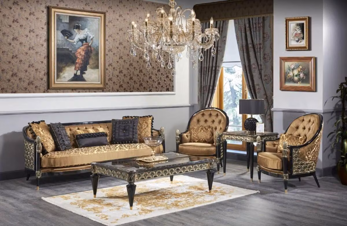 Casa Padrino set da salotto barocco oro/nero - 2 divani & 2 poltrone & 1 tavolino & 2 tavolini - Sontuosi mobili barocchi - Qualità