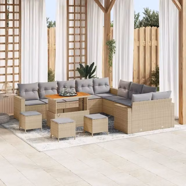 Set Divano da Giardino vidaXL 14 Pezzi a Forma di U in Polyrattan Beige con Cuscini e Tavolino – 1