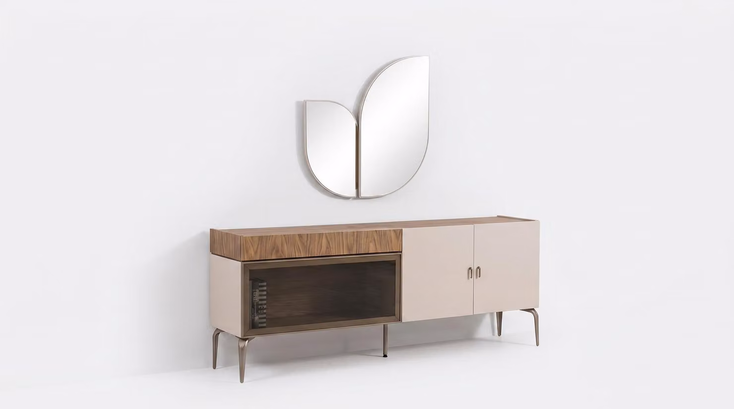 Comodino moderno con specchio, mobile contenitore laterale, legno effetto noce beige, design di tendenza